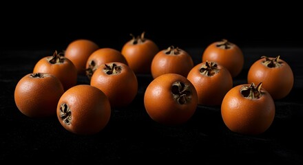 Lush Medlar Fruits on Black Velvet: Moody Still Life with Soft Lighting, Showcasing Freshness and Texture in a Dramatic, Artistic Fruit Arrangement for Elegant Food Photography