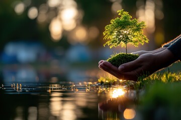 Reflected tree in hands with golden bokeh blurred background