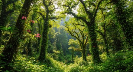 Obraz premium Experience the vibrant, sun-drenched magic of a lush rainforest teeming with life and exotic orchids blooming.