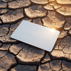 A blank white credit card placed on cracked, dry desert soil under harsh sunlight"
Ultra-realistic texture of the earth, slight shadows on the card, heat distortion in the background.