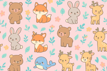 Cute cartoon forest animals like bears, foxes, rabbits, and deer in a whimsical pattern with floral elements on a soft pink background.