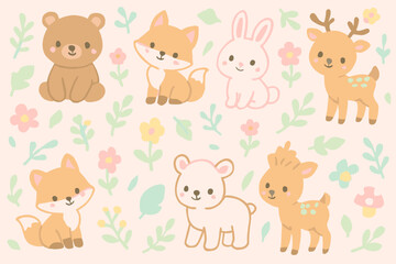 A delightful collection of cute cartoon forest animals like bears, foxes, bunnies, and deer, set against a gentle pastel floral background, perfect for children's designs.