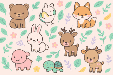 Adorable collection of cute cartoon forest animals including a bear, fox, rabbit, deer, pig, turtle, and bird with floral elements.