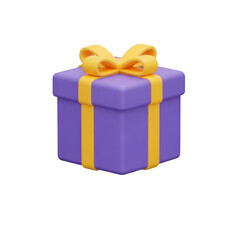 3D Purple Gift Box with Yellow Ribbon Isolated on Transparent Background