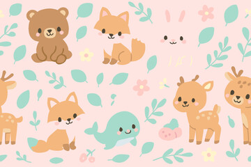 Adorable cartoon forest animals like bears, foxes, deer, and rabbits are depicted in a charming, whimsical pattern on a soft pink background.