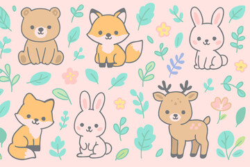 Adorable cartoon animals including a bear, fox, rabbit, and deer are nestled amongst leaves and flowers on a soft pink background, creating a charming and whimsical illustration perfect for