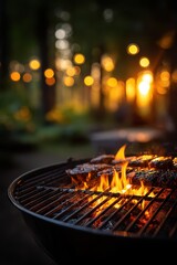 Backyard barbecue with flames in the blurred background of the garden