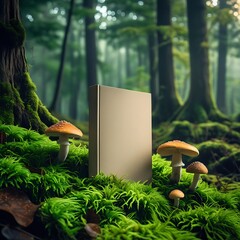 A Professional photo of a blank book cover mock-up lying on a lush bed of vibrant green moss, with Earthy mushrooms of varying shapes and sizes growing beside it, in a deep, misty forest.