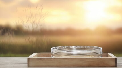 Obraz premium Serene Sunset Over Blurred Field with Glass Dish on Wooden Tray