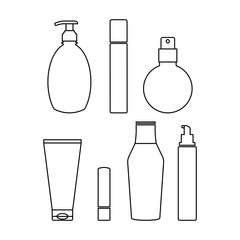 Set of cosmetic bottles. Dispensers with cover, sprayer container, tube. 