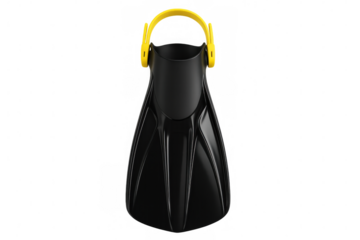 Modern black diving fins with yellow heel strap isolated on transparent background, perfect for underwater exploration