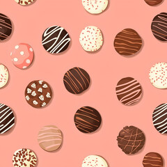 Seamless pattern with assorted chocolate truffles on soft coral background, ideal for a chocolate shop, pastry shop or packing paper.