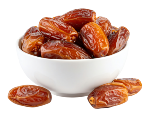 Dried dates fruits with white bowl isolated on white background.