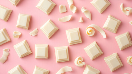 White chocolate pieces and curls arranged on pastel pink background. Ideal for a chocolate shop, pastry shop and advertising material