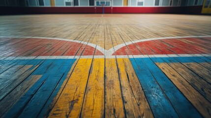 A close-up view of a vibrant wooden basketball court, featuring colorful markings and a well-worn surface.