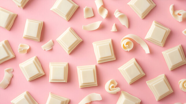White chocolate pieces and curls arranged on pastel pink background. Ideal for a chocolate shop, pastry shop and advertising material