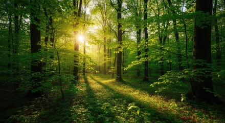 Obraz premium Sunlight streams through lush green forest canopy, casting dappled shadows on a vibrant, verdant floor, evoking peace and natural beauty.