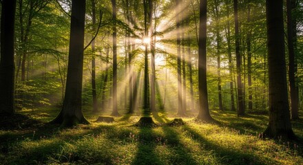 Fototapeta premium Sunbeams pierce lush green forest canopy, illuminating mossy ground with vibrant morning light and delicate wildflowers