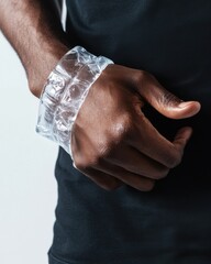 A close-up of a Black male hand wearing a unique clear plastic bracelet on a neutral background.