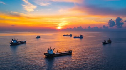 Naklejka premium Ships on Tranquil Sea at Sunset with Dramatic Colorful Sky