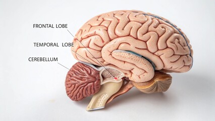 Human Brain Anatomical Model concept Detailed anatomical model of a human brain showing various lobes and structures.