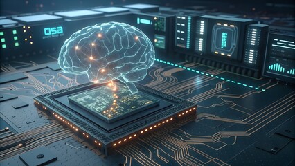  Artificial intelligence AI neural network digital brain machine deep learning processing big data analysis technology connection mining chipset on Circuit board futuristic. 3d rendering.