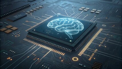  Artificial intelligence AI neural network digital brain machine deep learning processing big data analysis technology connection mining chipset on Circuit board futuristic. 3d rendering.