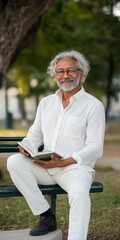 Obraz premium Mature caucasian male enjoying reading outdoors in a park setting