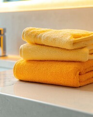 Three soft, yellow towels stacked neatly on a bathroom countertop with a warm, inviting ambiance.