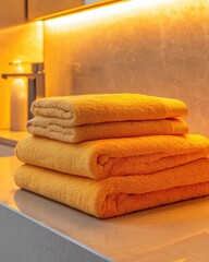 A stack of soft, vibrant orange towels in a cozy bathroom setting, illuminated by warm ambient lighting.