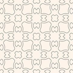 Vector black and white minimalist linear ornament. Abstract monochrome geometric seamless pattern with outline floral silhouettes, grid, curved lines. Simple minimal background. Repeated modern design
