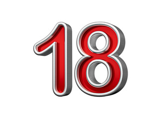 Vibrant Red Number Eighteen 18 With Metallic Gleam And Beveled Edges, 3D Illustration