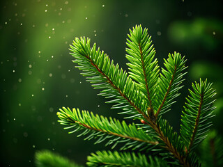 Close up of a vibrant green pine tree branch with soft bokeh background