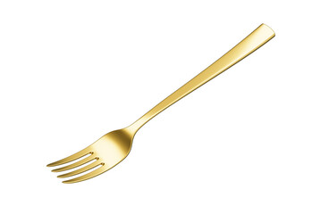 A sleek gold-plated fork with a reflective finish and a slightly curved handle. 3D Illustration