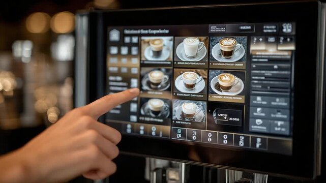 A hand chooses an iced cappuccino on a high-tech coffee vending machine's vivid digital touch panel.