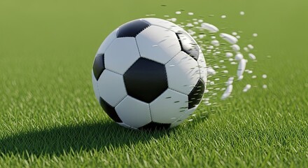 Fototapeta premium Dynamic soccer ball exploding into particles on lush green grass, capturing the thrill of the game and athletic motion