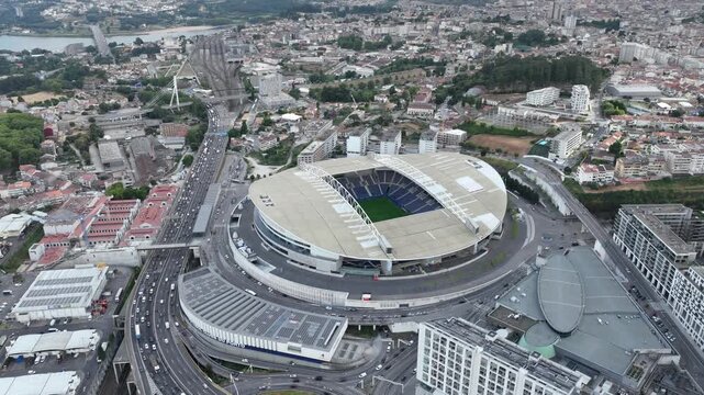 Timelapse of Dragao Arena in Porto City, home stadium of FC Porto, Portugal. Estadio do Dragao. Drone