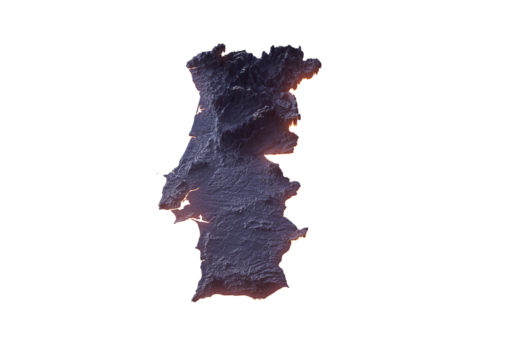 3d Map of Portugal with detailed terrain and an orange outline on a grid background. 3d illustration