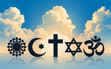Symbols of major world religions united under a cloudy sky
