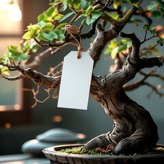 A professional photograph of a blank white product tag mock-up gently tied with a rustic twine to the gnarled branch of a bonsai tree in a traditional Japanese setting.