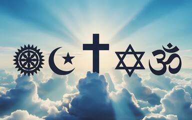 Religious symbols of major world religions united in the sky