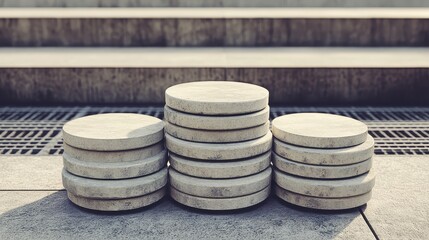 Circular Concrete Objects Stacked on Urban Steps in Natural Light