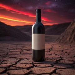 A photograph of a Blank wine bottle mock-up standing upright on a cracked and dry earth terrain with a dramatic red-orange sky at dusk, evoking a sense of climate change.
