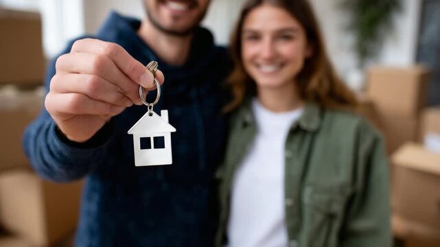 A joyful couple celebrates their new home, holding a house-shaped keyring with moving boxes in the background.