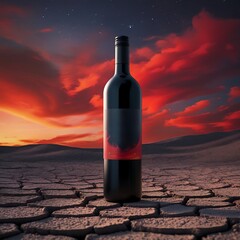 Professional photograph of a Blank wine bottle mock-up standing upright on a cracked and dry earth terrain with a dramatic red-orange sky at dusk, evoking a sense of climate change.