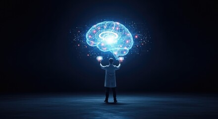 Scientist controls glowing digital brain with circuits, symbolizing AI innovation and scientific discovery in a futuristic lab