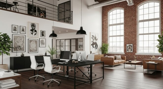 Stunning modern loft office with exposed brick, large windows, and stylish furniture, perfect for creative workspaces. - Powered by Adobe