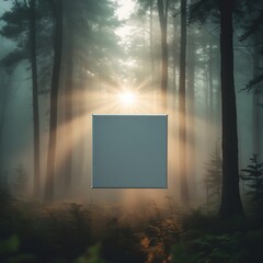 A photograph of a floating blank white square canvas suspended in the midst of a dense dark forest filled with morning fog and illuminated by soft light rays shining.