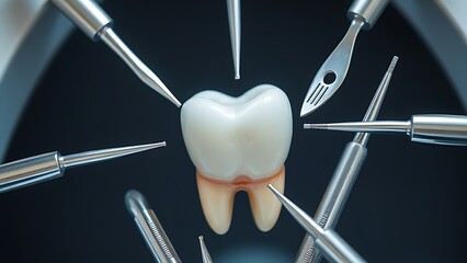 Dental tools in protective circle around aging tooth under clinical light