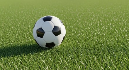 Fototapeta premium Iconic soccer ball resting on a vibrant green grass field, symbolizing sport and competition readiness.